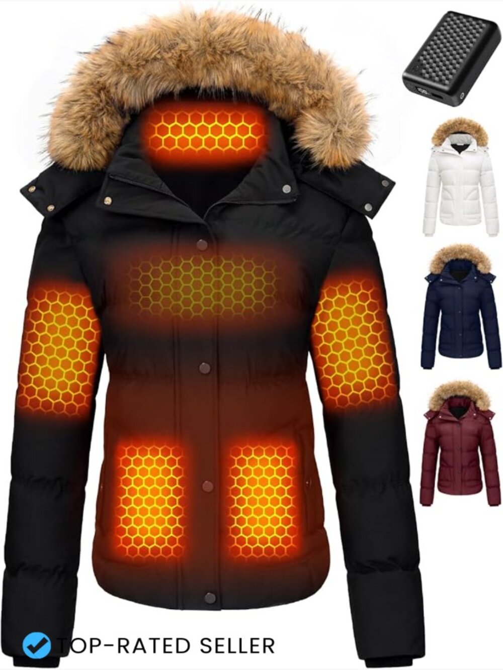 Graphene Heated Jacket Womens 12V Battery Water Repellent Hooded Winter Coat